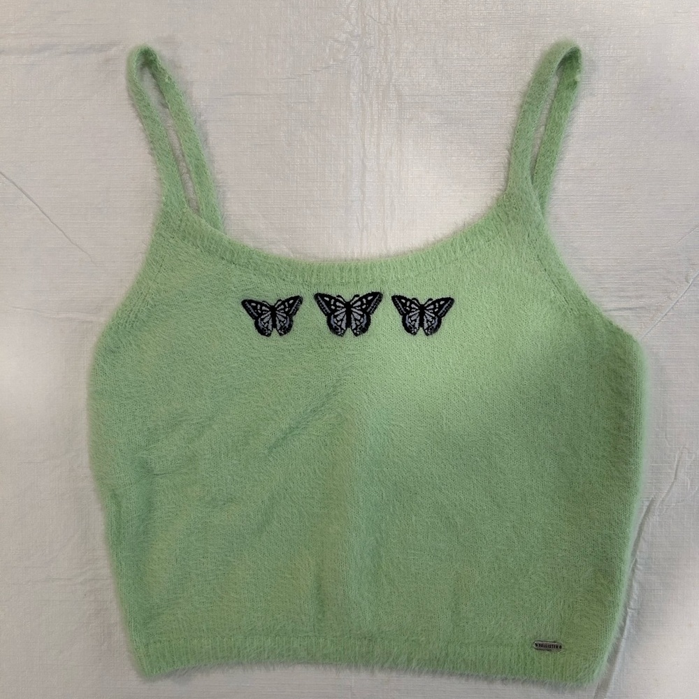 Hollister Light Green Fuzzy Camisole with Butterfly Accents